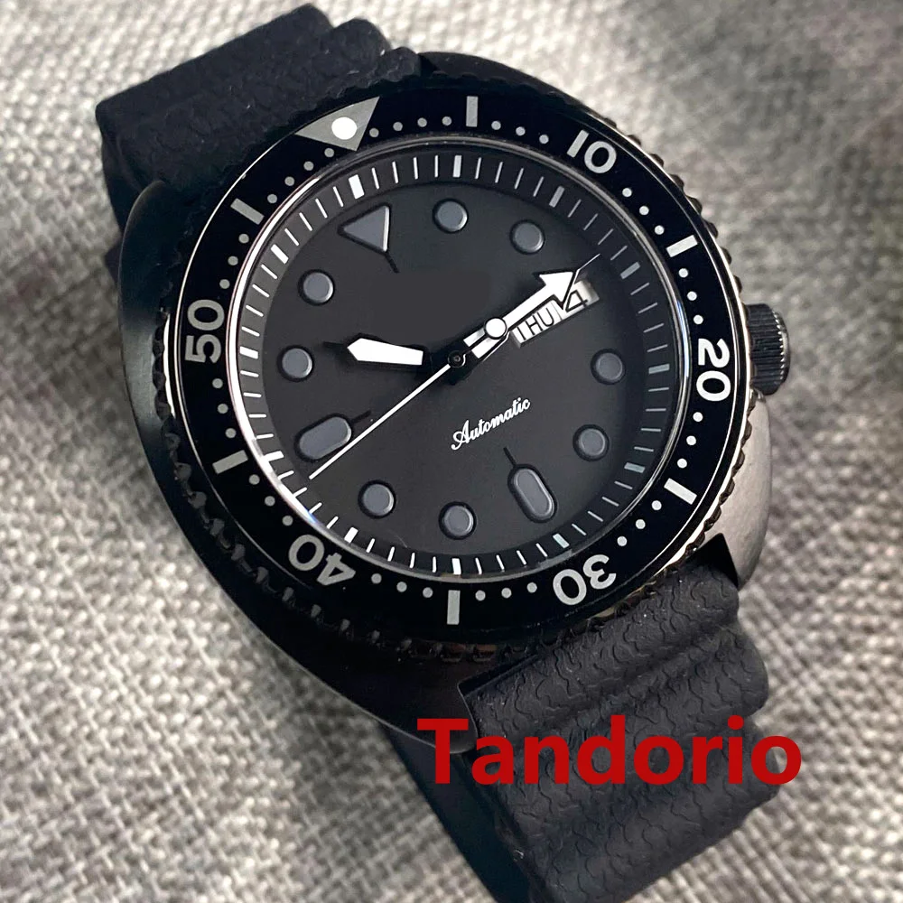 Tandorio 45mm Sapphire Glass Black PVD Case NH36A Auto Mens Watch Rubber Strap