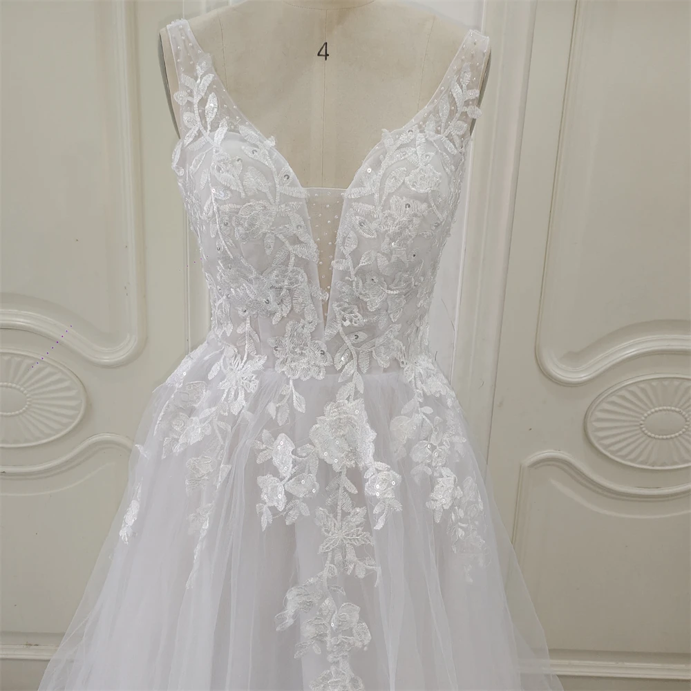 ZJ6002 Customized Boho V-neck Wedding Dresses Spaghetti Straps Appliques Corset Beach Tulle Bridal Gown Lace Floor Length 3