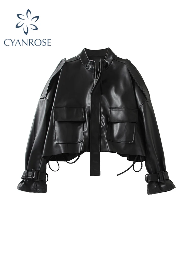 

Women's Jacket Vintage Leather PU Korean Style Black Zipper Motorcycle Coat Loose Fashion Streetwear Outwear Tops Clothing 2023