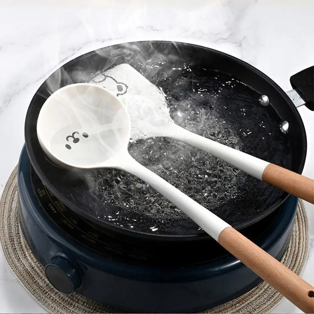 2Pcs Cartoon Spatula Spoon Wooden Handle Cooking Turner Non-Stick Silicone Soup Spoon Ladle Kitchen Pancakes Frying Pan Shovel