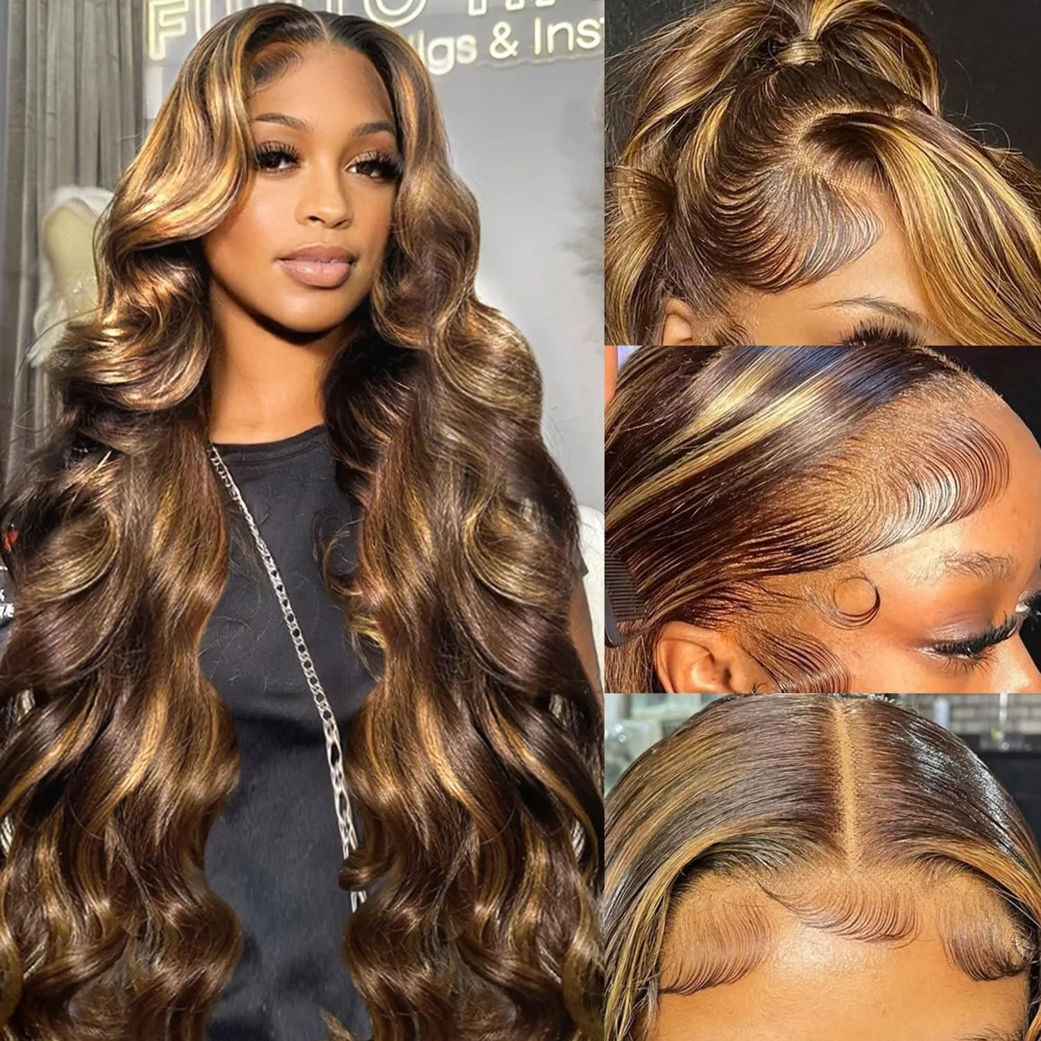 Highlight Honey Blonde Ombre 427 Body Wave 13x4 HD Lace Front Wigs Human Hair Wig 30 40 Inch 200% Density 13x6 Lace Frontal Wig 4