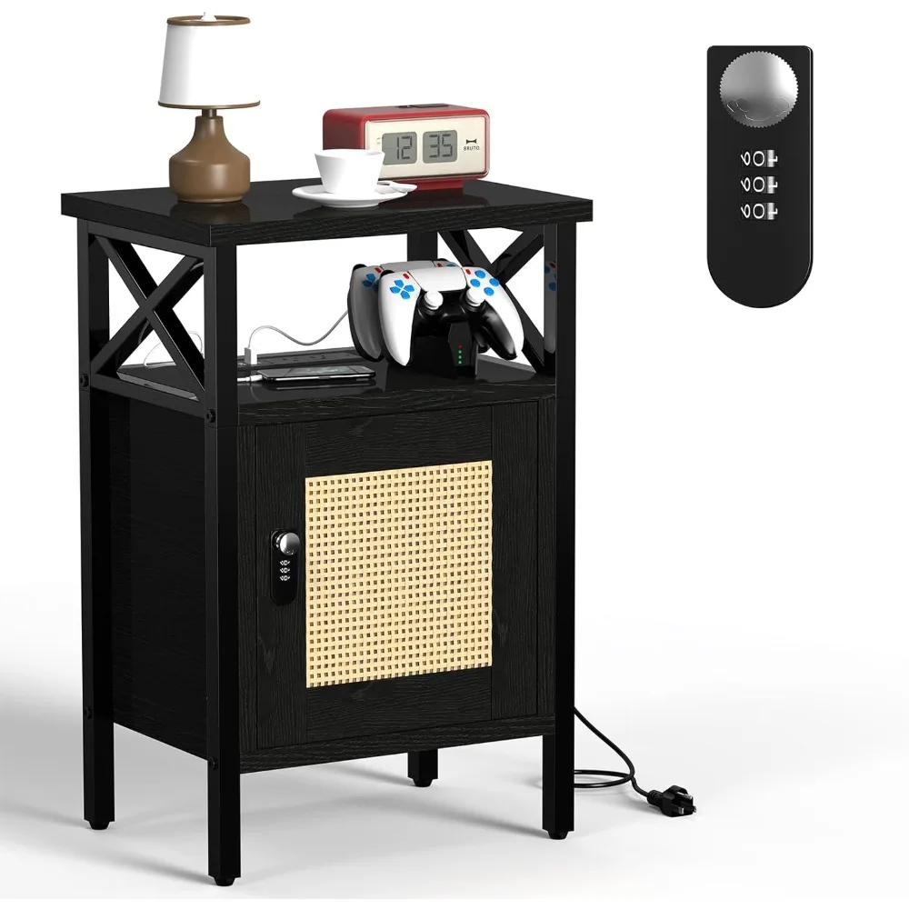 rattan-nightstand-with-lock-end-table-with-charging-station-side-table-with-door-and-open-shelf-modern-wooden-bedside