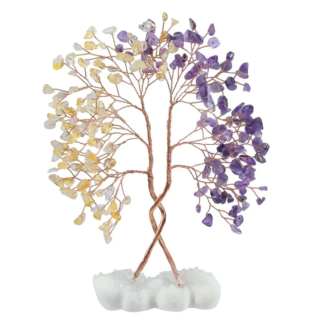 Natural Crystal Tree With Double Heart Rock Quartz Cluster Base Lucky Money Tree Wedding Table Home Decor Fengshui Ornaments