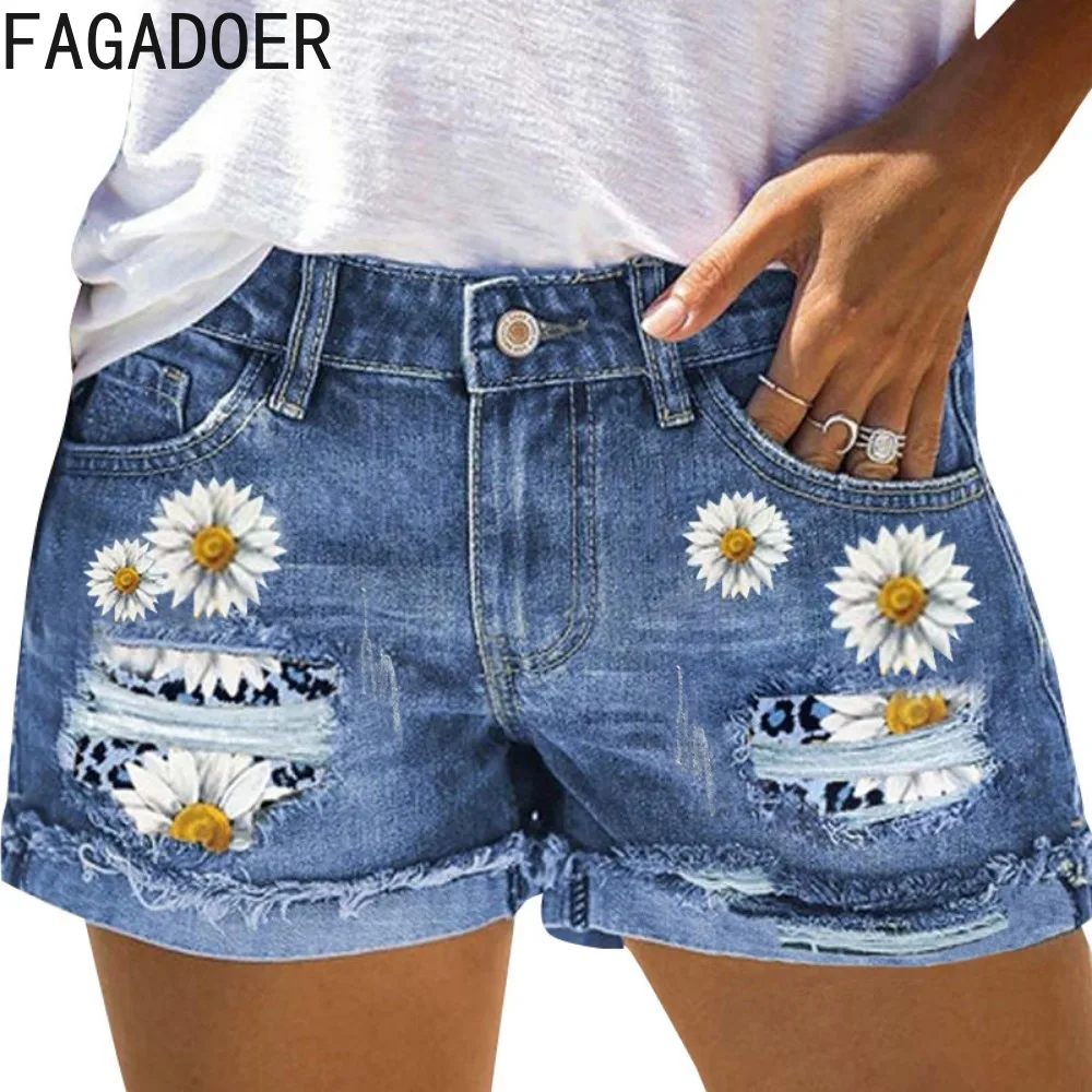 HLJ Summer New Printing Hole Denim Shorts Women High Waisted Button Pocket Slim Jean Fashion Female Cowboy Matching Bottoms 2024