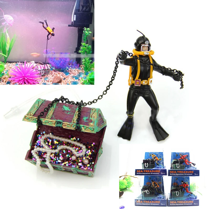 American Seahorse Pneumatic Aquarium Decorato Treasure Hunt Frogman Aquarium Landscape Diver Treasure Chest Nero Rosso 2 Colori