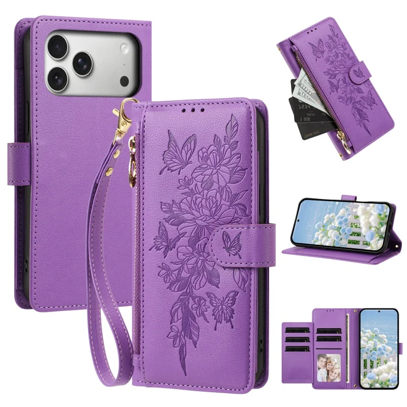 Elegant Pattern Leather Zipper Wallet Phone Case with Wrist Strap and Card Holder Cover