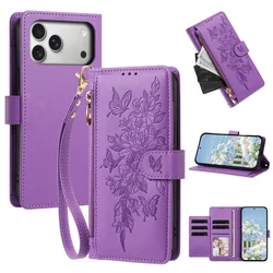 Elegant Pattern Leather Zipper Wallet Phone Case with Wrist Strap and Card Holder Cover - iPhone 15 (Purple)