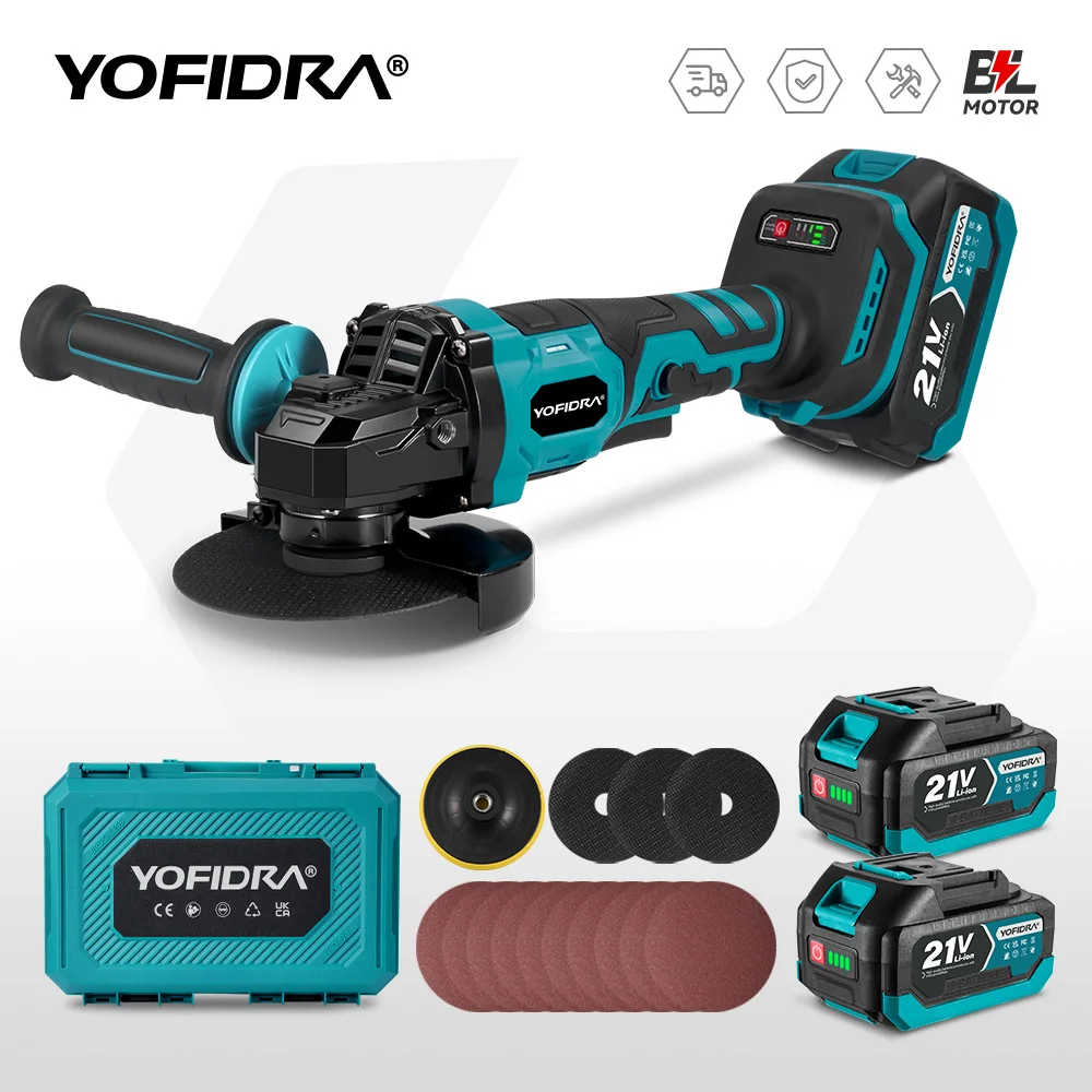 YOFIDRA 125mm Brushless Angle Grinder 3 Gear Grinding Machine Polishing Cutting Woodworking Tool For Makita 21V Battery Pin