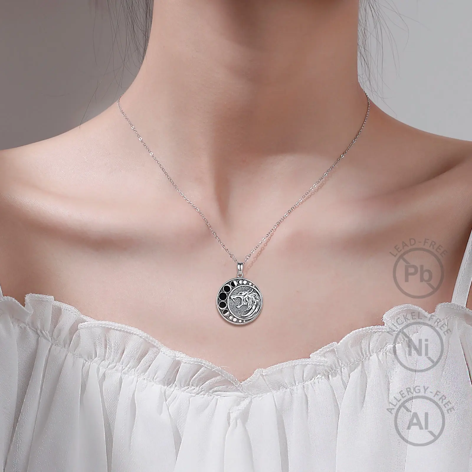 Eudora 925 Sterling Silver Moon Wolf Necklace for Men Women Vintage Moon Phase Amulet Pendant Personality Jewelry Party Gift