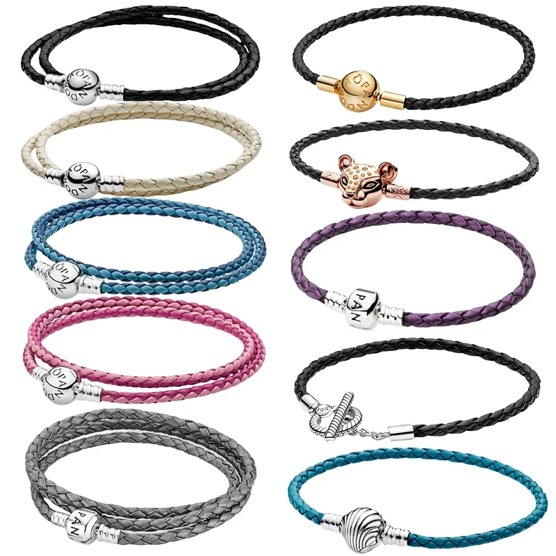 

2023 Women's Jewelry DIY 100% 925 Sterling Silver Handmade Leather Rope Bracelet Pandora Original Logo Design Charming Gift