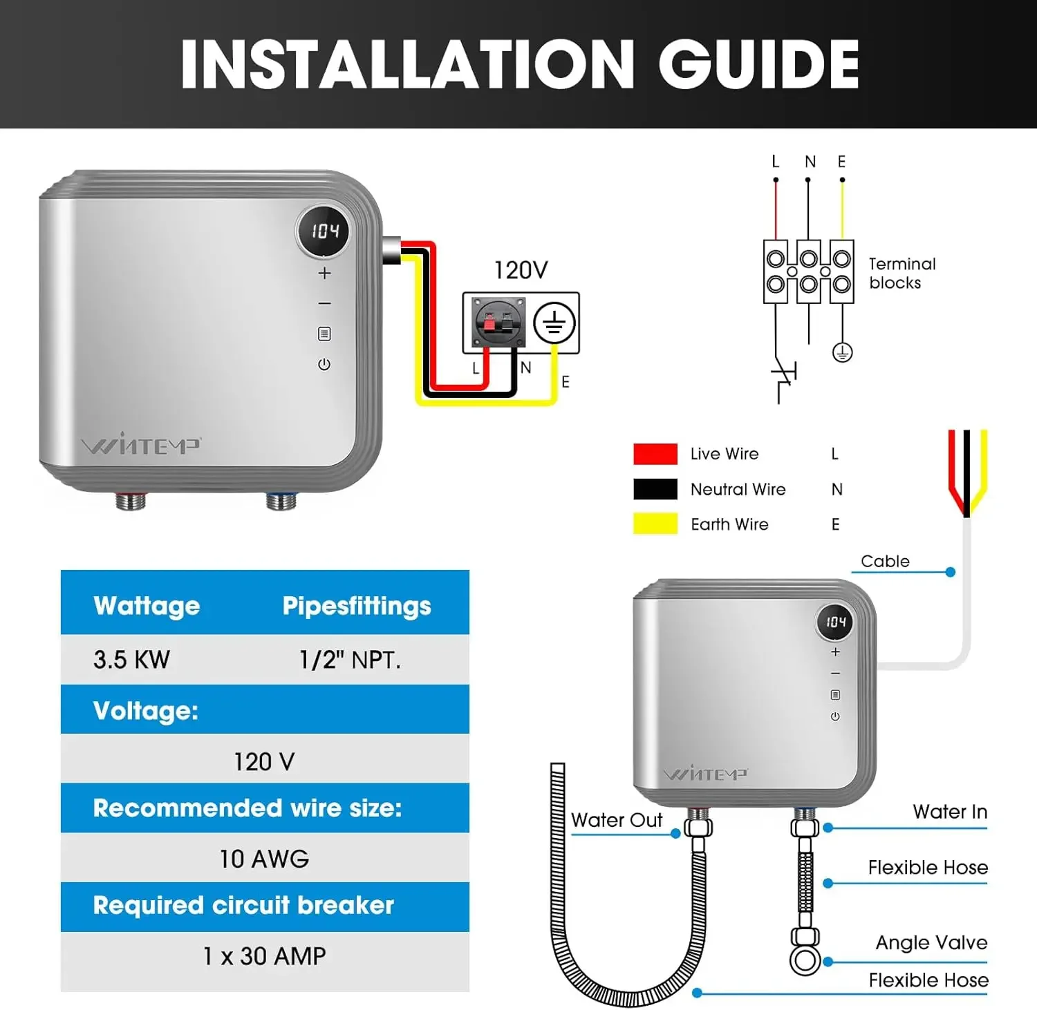Water Heater Electric 3.5KW 120V, Designed to Provide Hot Water on Demand Without the Need for a Storage Tank, Use a Se
