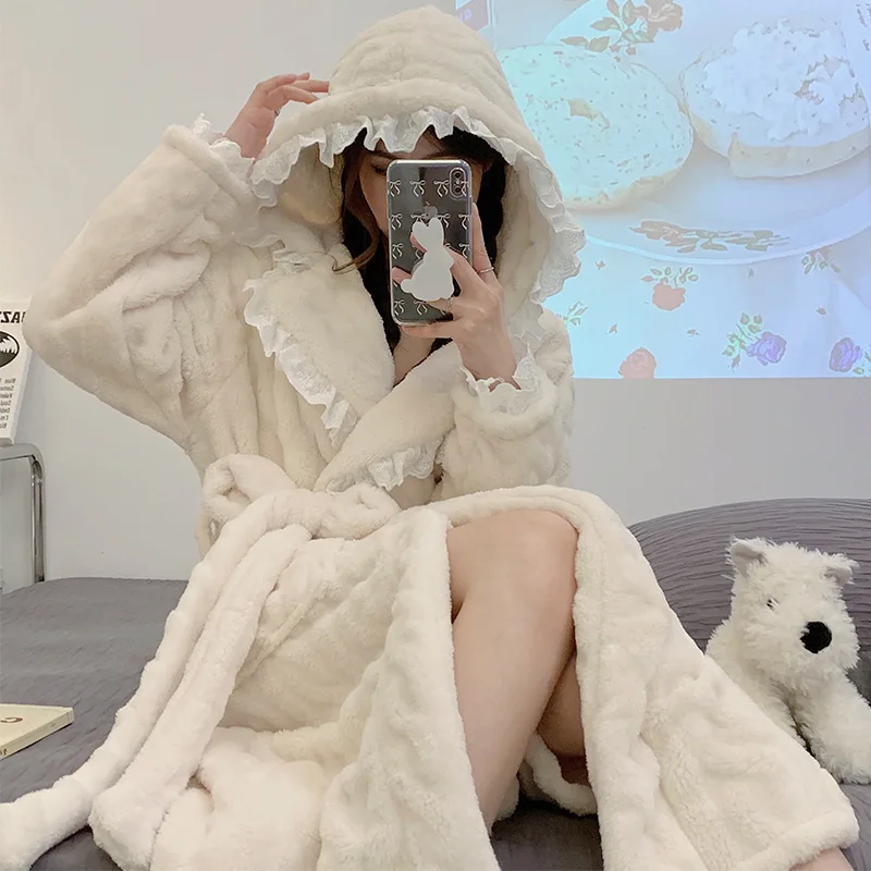 

Winter Night Wear Lace Robe for Women Belt Sleepwear Coral Fleece Solid Nightdress Long Sleeve Hooded Nightgown Warm Homewear