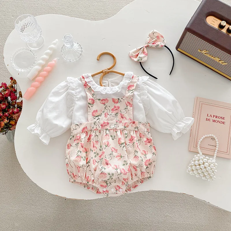 2025 Spring Autumn Baby Girls 2PCS Clothes Set Ruffle Solid Cotton Shirts Flower Printed Strappy Romper Suit Toddler Girl Outfit 4