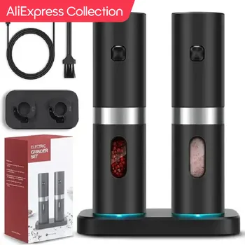 AliExpress 컬렉션 LED 하이 퀄리티 자동 작동 충전식 밀 전기 소금 후추 연마기 세트, 충전 포함
