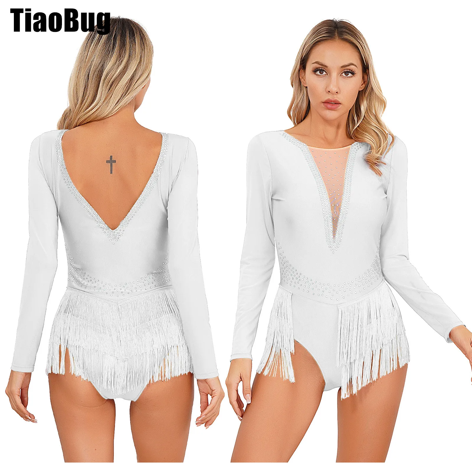 

Womens Glittery Fringed Dance Leotard Deep V Back Sheer Mesh Long Sleeve Tassel Bodysuit for Latin Figure Skating