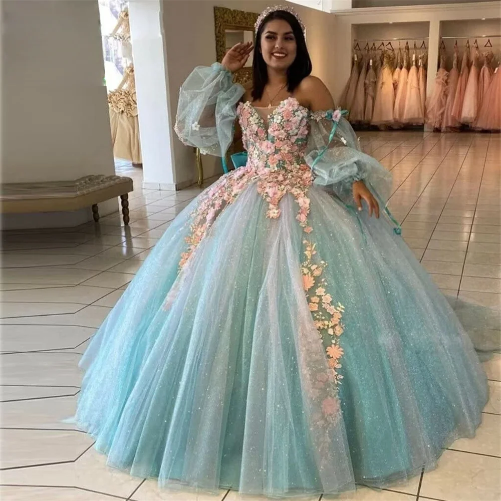 

Charming Princess Ball Gown Elegant Quinceanera Dress Romantic 3D Flowers Applique Lace With Cape Sweet 16 Dress Vestido De