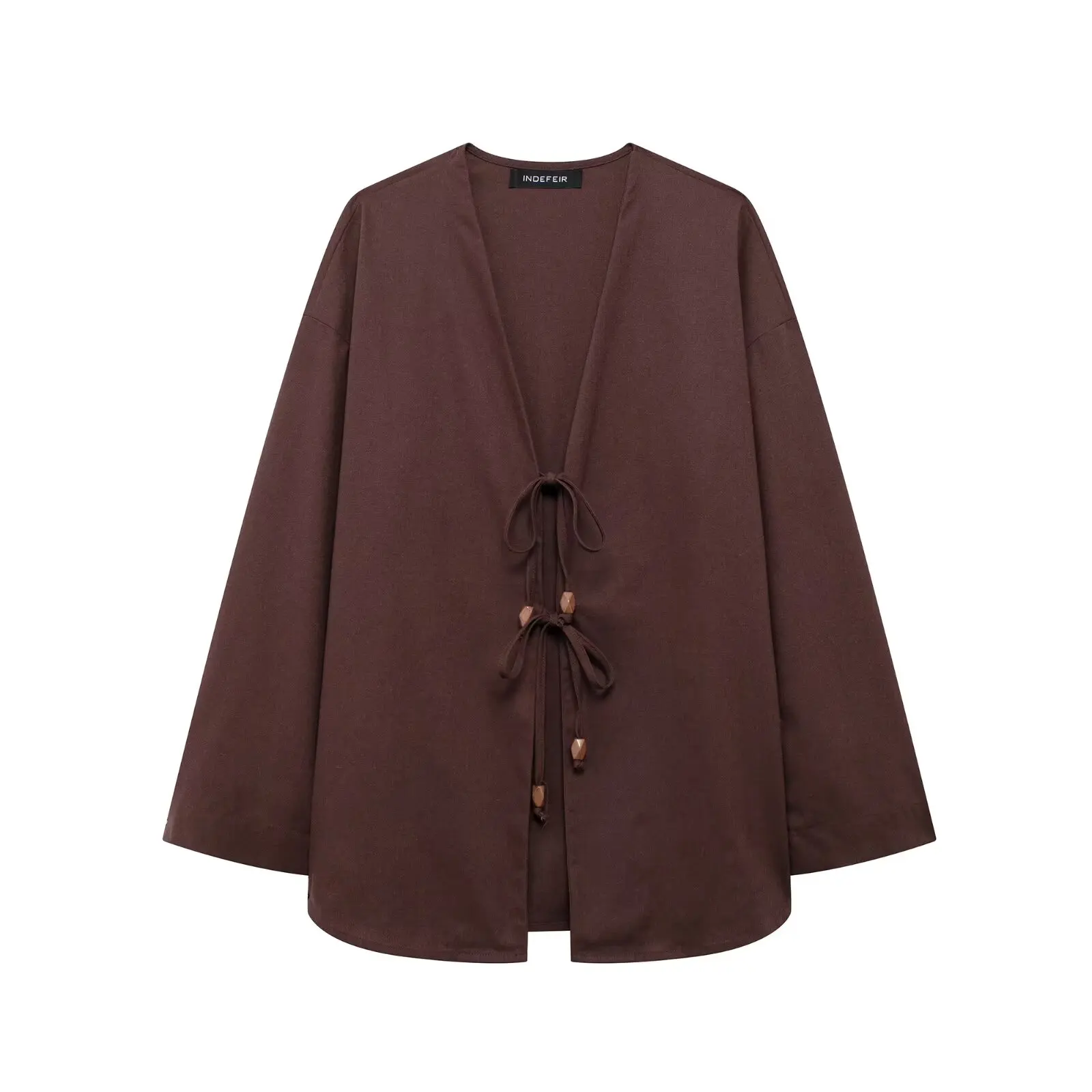 thumbnail image 1 of HH TRAF Conjunto de 2 piezas para mujer, chaqueta tipo kimono de algodón y lino con cuello en V, manga larga, cordones y pantalones anchos de lino con cintura elástica, 1 of 5