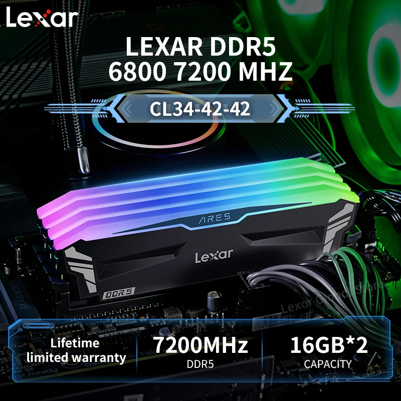 Lexar 32GB(16GÃ2) ARES DDR5 Desktop Computer Memory Hynix Adie Particles RGB Light Bar 6800/7200MHZ Overclocking Memory Stick