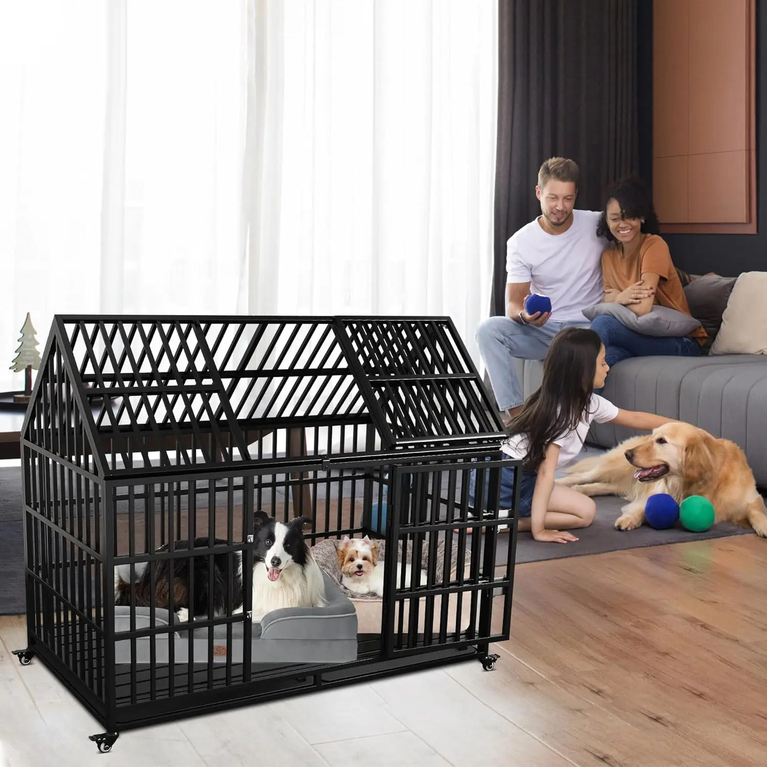 54 inch Heavy Duty Indestructible Dog Crate, Escape Proof Dog Cage Kennel with Lockable Wheels, High Anxiety Double Door 4