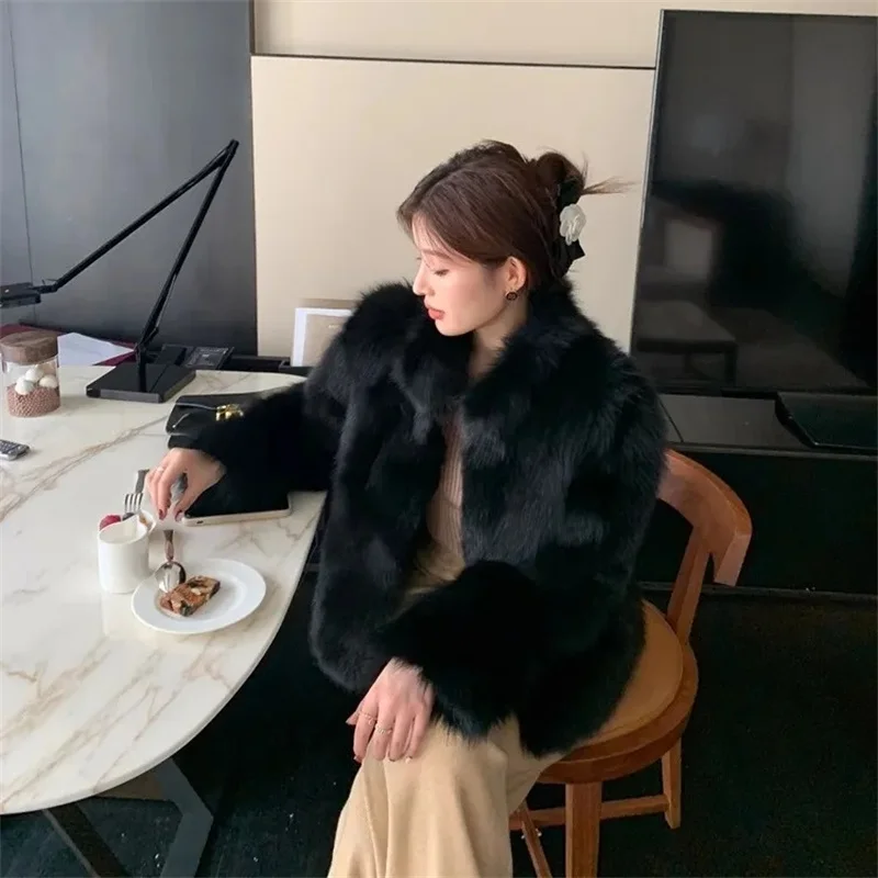 2024 New Imitate Fox Hair Environmental Protection Fur Autumn/Winter Stand Collar Short Fur Coat Women's Thick Warm Jacket Brown