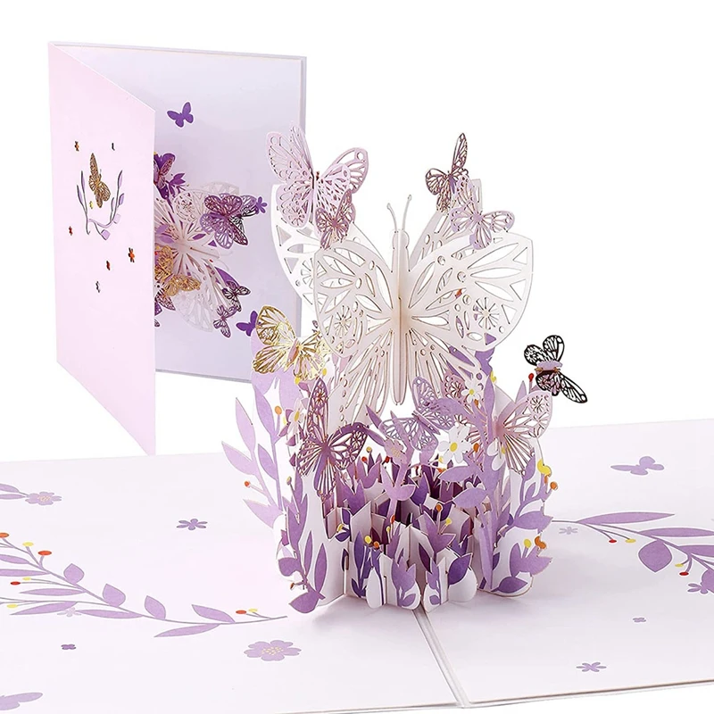 Purple Butterfly Birthday PopUp Card Butterfly Flower Basket 3D Greeting Cards For Women Girl Daughter Mothers Day