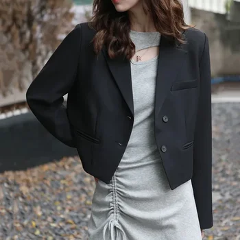 Fashion Design Cropped Suit Jacket Women 2025 Autumn Long Sleeve Korean Blazers Woman Solid Color Single-Breasted Office Coat - Image 4