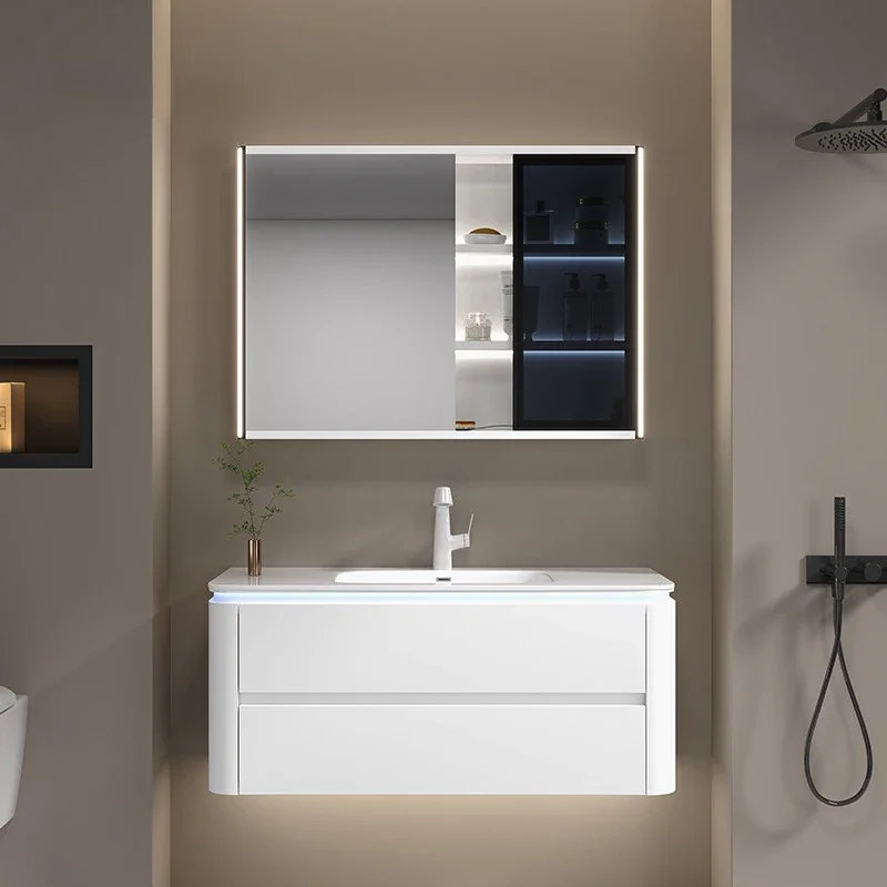 

Nordic White Bathroom Cabinet Ceramics Washbasin Simple Smart Mirror Cabinet Bathroom Vanity Cabinet Sink Bathroom Furniture