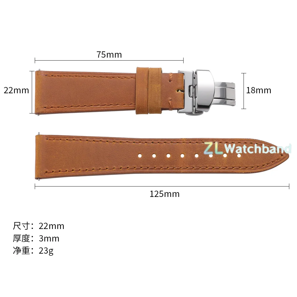 Premium Leather Watch Band with Butterfly Clasp - Quick Release Wristband in Black or Brown