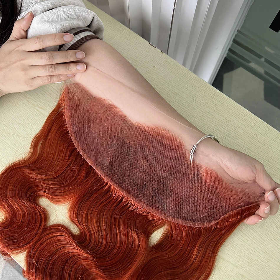 Body Wave #350 Colored 13x4 Transparent Lace Frontal Human Hair Orange Ginger Melt Skin Invisible Pre-Plucked Lace For Women