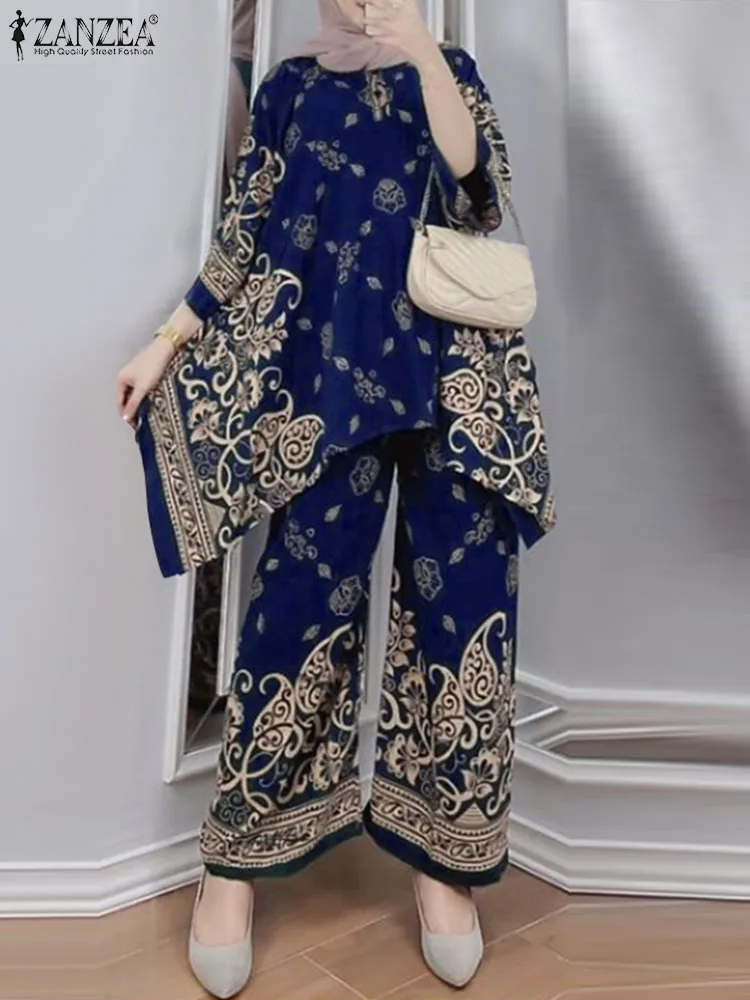 ZANZEA Women Bohemian 3/4 Sleeve Blouse Pants Sets Casual Islamic Clothing Abaya Tracksuit Vintage Floral Printed Muslim Sets