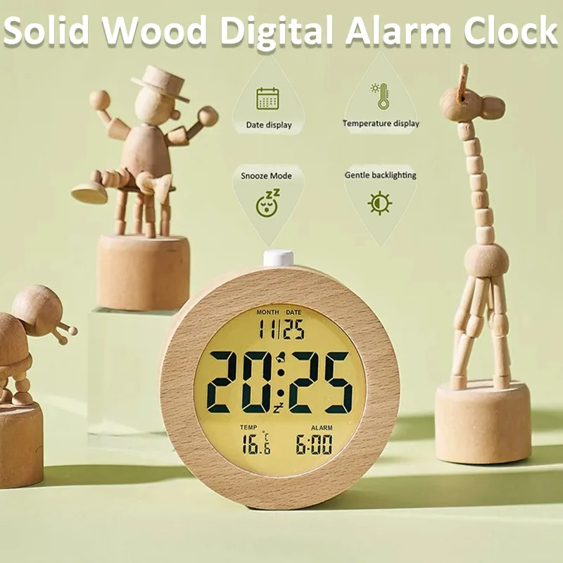 LCD Digital Alarm Clock Solid Wood Date Temperature Display Table Clock with Backlight Snooze Mode Electronic Clock Room Decor