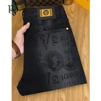 Spring and Autumn Korean Slim Jeans for Men 2025 High-end Luxury Clothing Black Printing Mid-waist Stretch Casual Pencil Pants 1