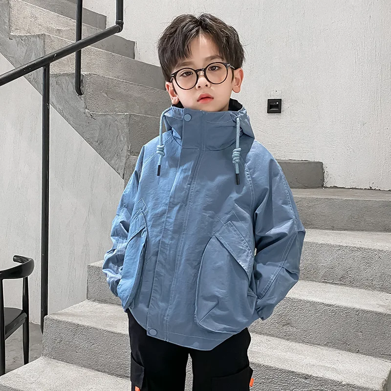 

Autumn Children's Jackets Fashion Teenage Hooded Pure Color Coats Korean Long Sleeve Outerwear Trench Coats Big Pockets Clothes
