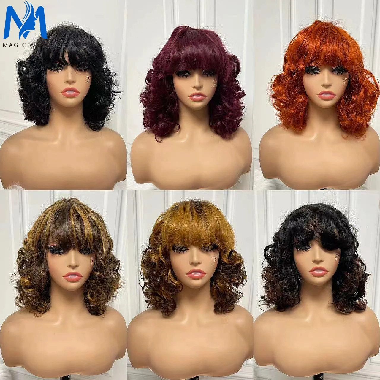 

Full Machine Made Fumi Curly 100% Real Human Hair Wig with Bangs for Black Women 180% Density Loose Wavy Brazilian Remy Hair Wig