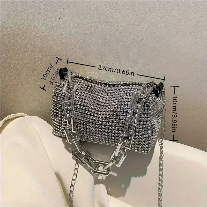 Full Version Rhinestone Bucket Tote Bag, Stylish Sparkling Chain Ball Pillow Shoulder Bag, Women's Mini Hand-Held Crossbody Bag