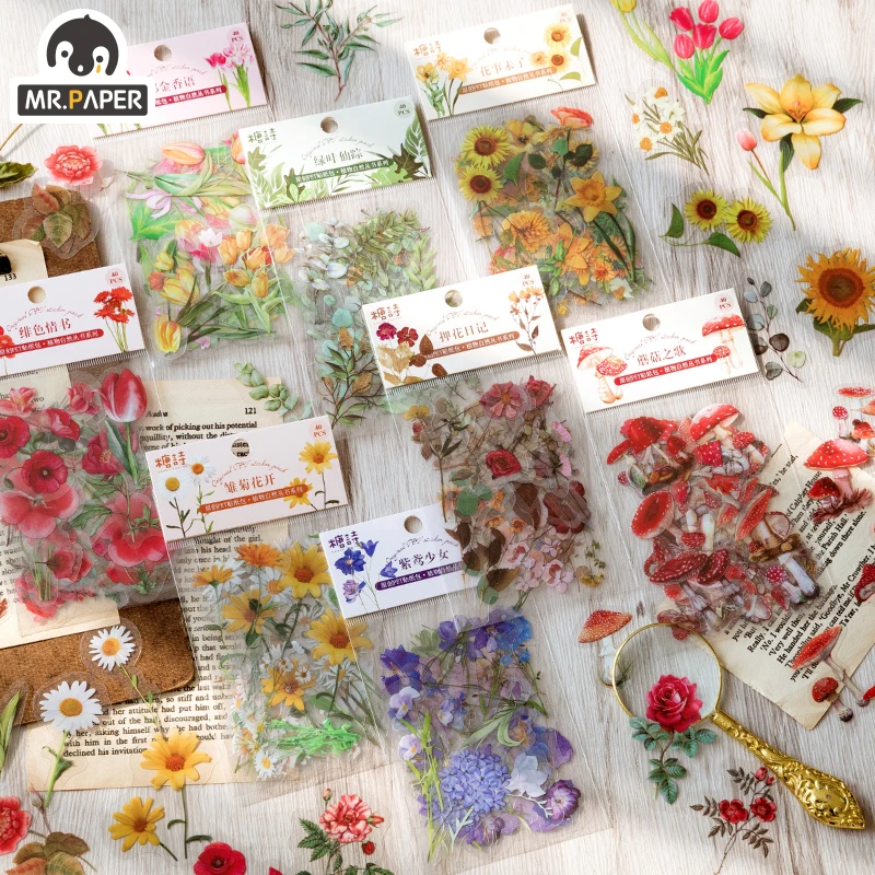 Mr.paper 40Pcs/Bag Plant Flower Series Decorative Diary Sticker Scrapbook Planner Decorative Stationery Sticker