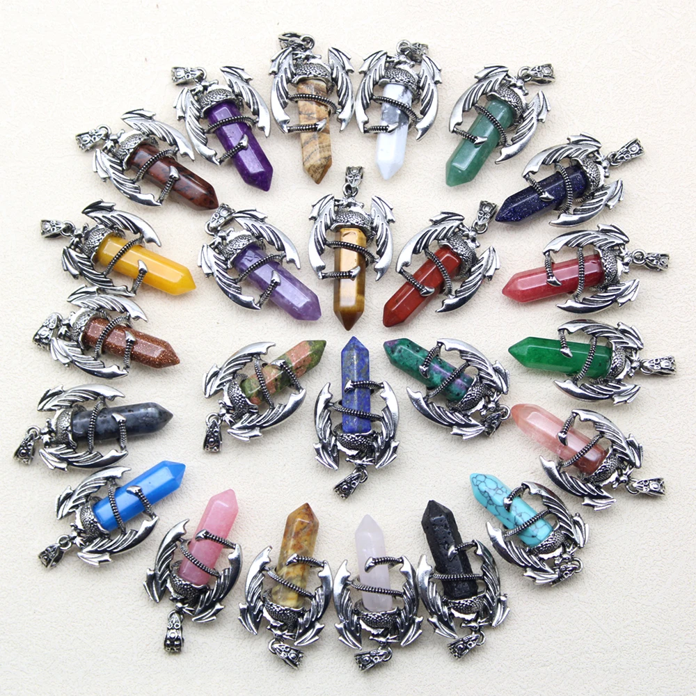 10pcs Animal Dragon Man Pendant Natural Gem Stone Healing Pink Quartz Agates Hexagonal Crystal Pendant Vintage Jewelry for Women