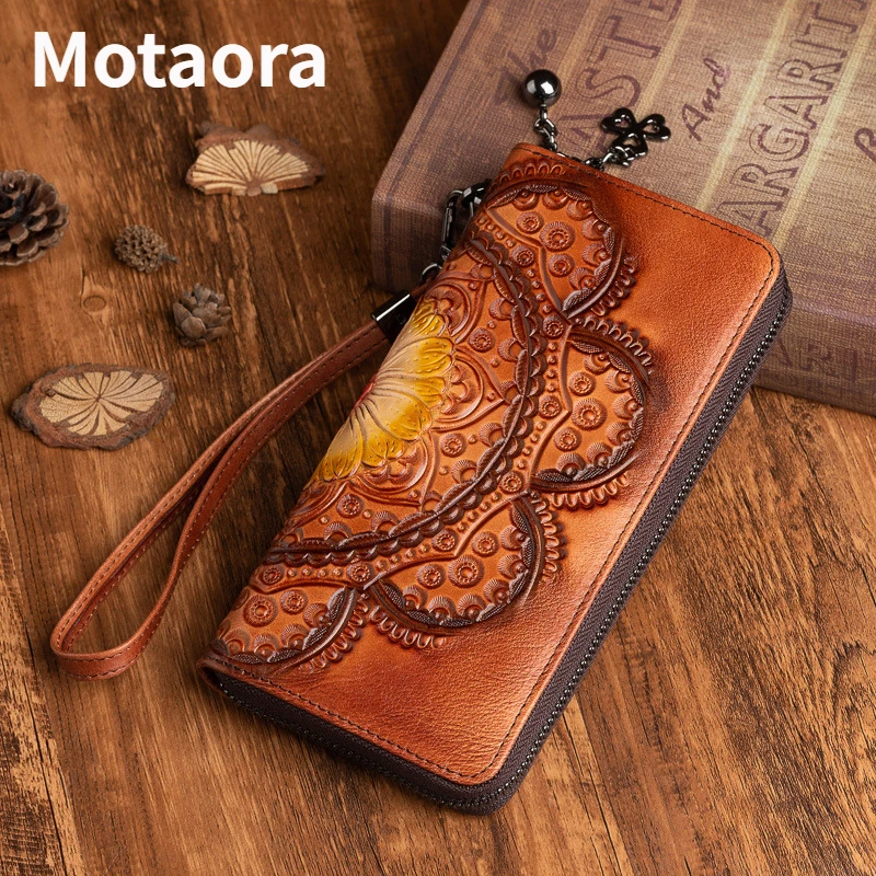 MOTAORA Retro Wallet 2023 New Vintage Genuine Leather Wallets For Women Handmade Embossed Purse China Style Card Holder Female