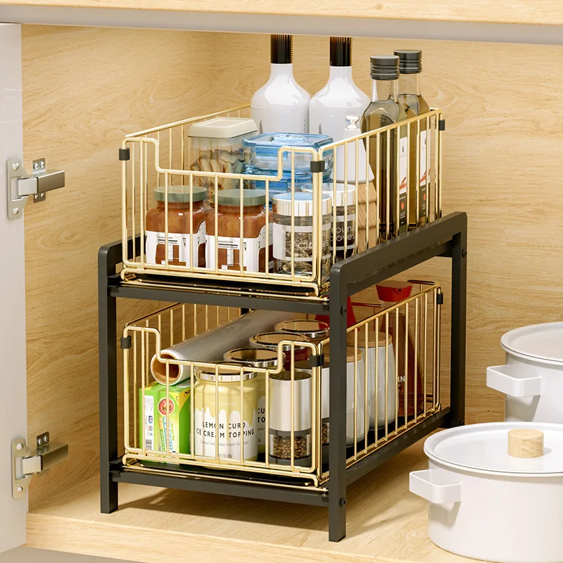 

Double-layer Sink Storage Rack Cabinet Drawer Type Telescopic Daily Necessities Seasoning Storage Holder Bathroom Storage Shelf