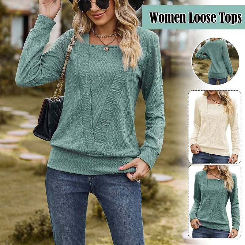 

Women's Fashion T-Shirt Ladies Tops Autumn Winter Long Sleeve Casual Green Beige Oversized Shirts Female Daily Wear