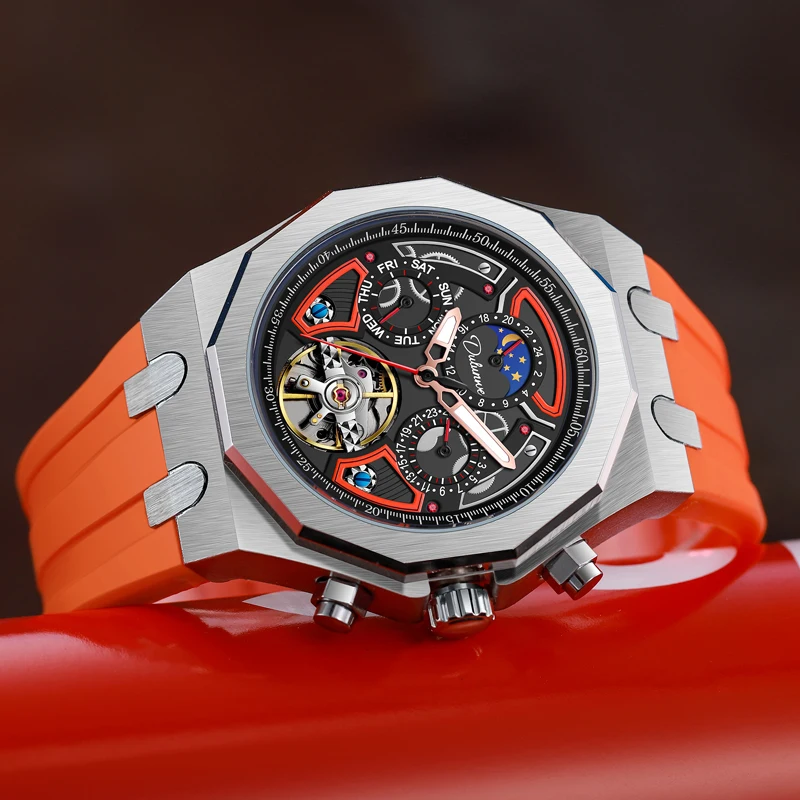 Luxury Tourbillon Watches Men Fashion Sport Rubber Strap Moon Phase Date Waterproof Automatic Mechanical Wrist Watch Man Reloj mechanical watch