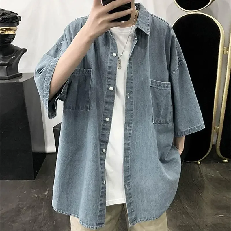 Summer Men's Loose Short Sleeve Denim Shirt Stylish Korean Style Casual Workwear Trendy Top Brand Fashionable Outerwear
