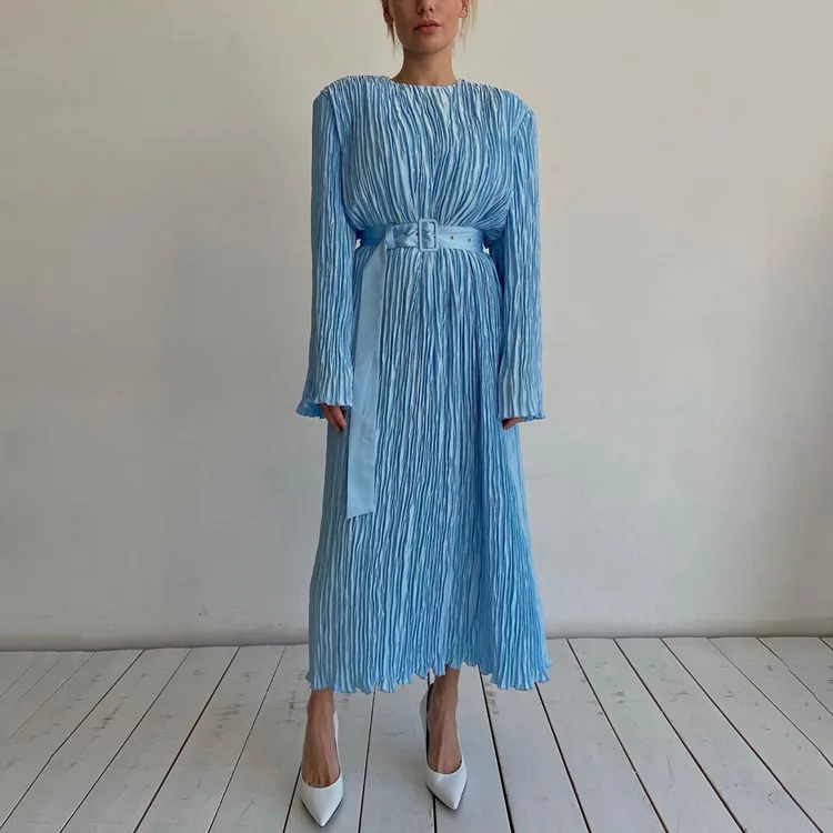 

Women's 2024 New Sleeved Waistband Pleated Temperament Commuting High Grade Relaxed Long Dress