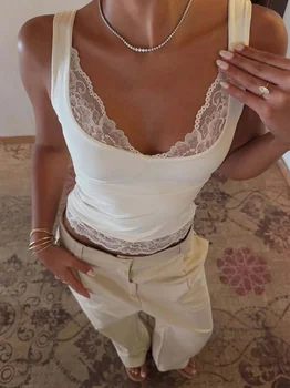 Dulzura Square Collar Backless Slim Lace Ruffles Patchwork Tank Top Women'S Fashion Sexy Y2K Top Party Vacation Summer Clothes 1