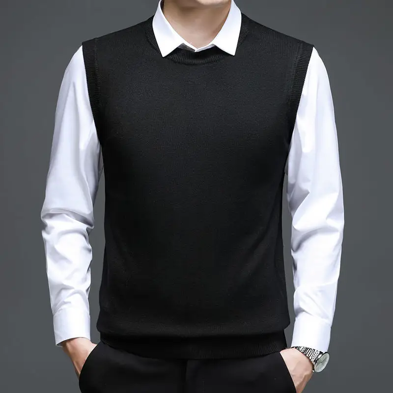 Autumn Winter New Knitted Round Neck Sleeveless Sweater Solid Patchwork Screw Thread Vest Korean Versatile Casual Men Tank Top