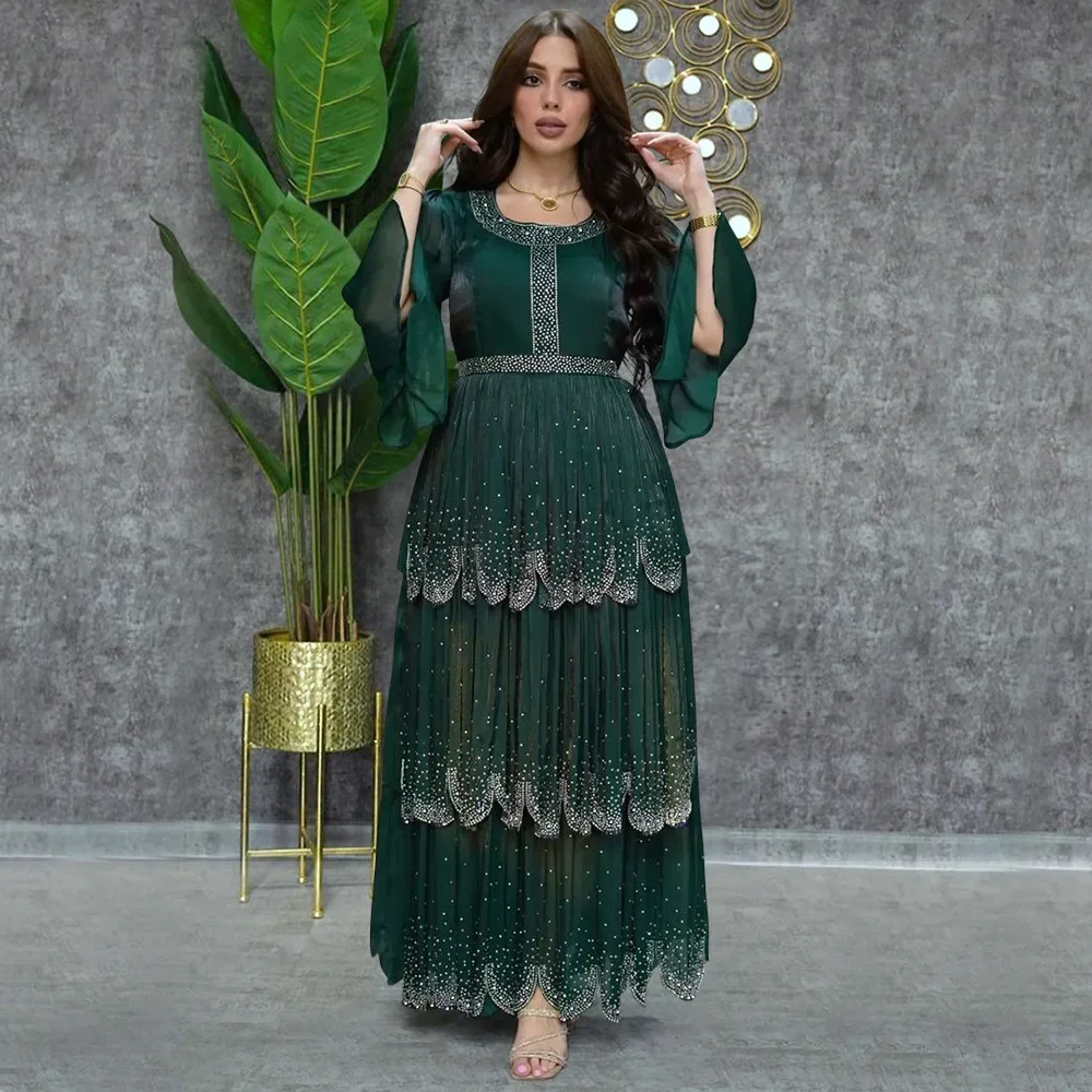 

Women Summer Moose Diamond Chiffon Cake Long Skirt Turkish Indian Abaya Arab Islamic Women Moroccan Kraftan Evening Dress