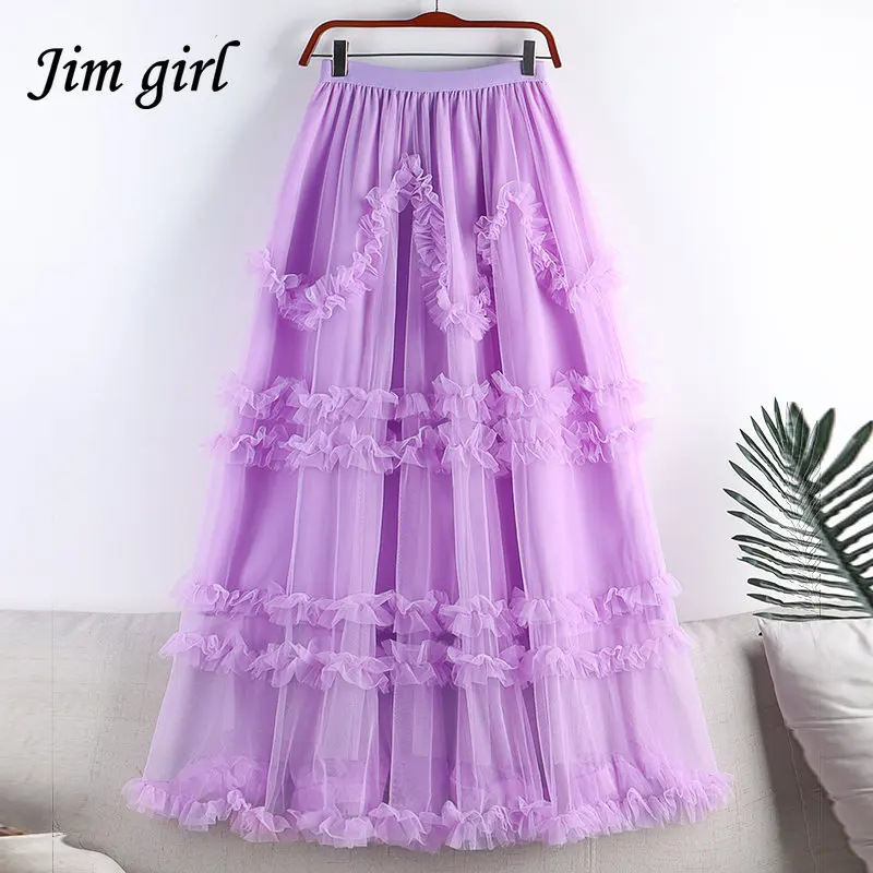 

Vintage Multilayer Tulle Skirts Women Korean Fashion Ruffled Elastic High Waist A-Line Tutu Female Casual Pleated Midi Skirt