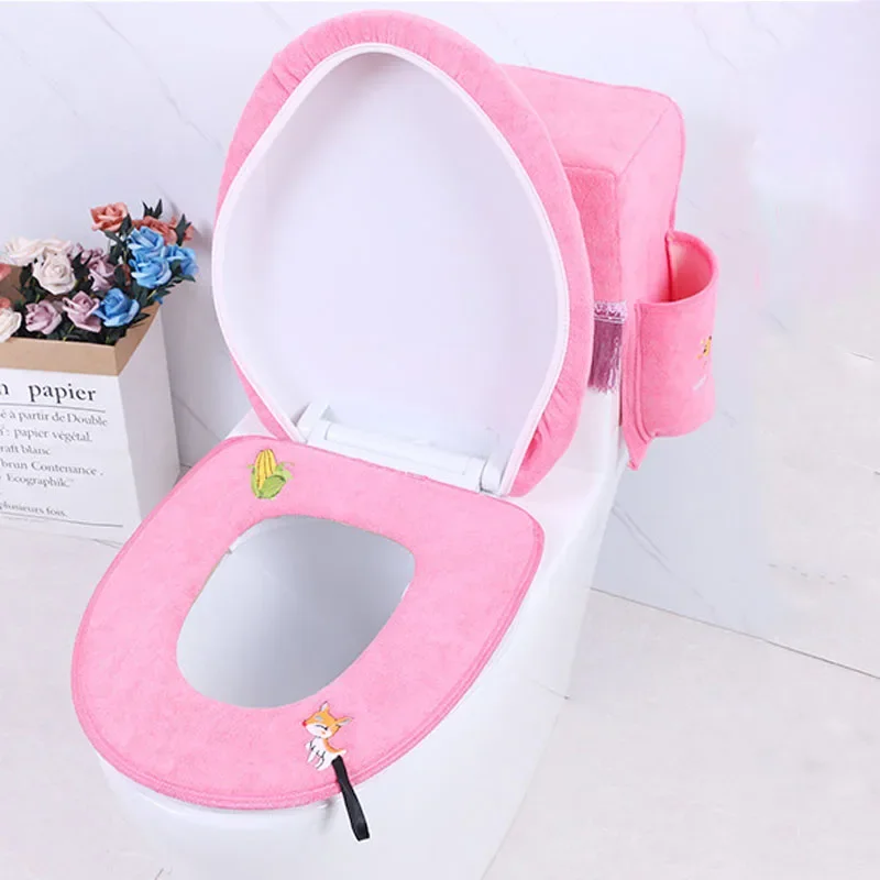 Modern Style Plush Toilet Cushion Set High Quality Cartoon Embroidery Toilet Sseat Pads Tank Dust-proof Protective Cover