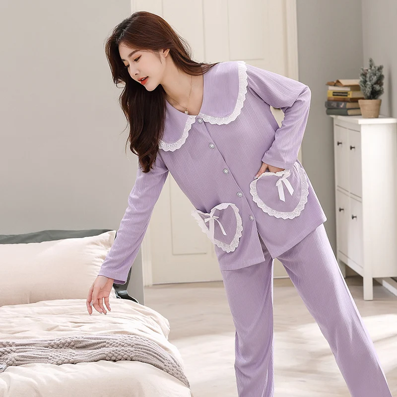 sexy pajamas for women Korean Plaid Print Pajamas Set for Women Spring Lovely Button Lapels Girls Nightwear Loose Casual Long Sleeve Top Home Wear satin pajama set