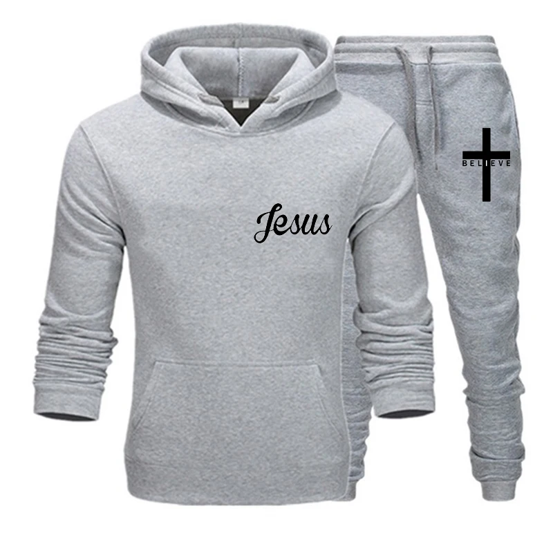 Latest I Believe in Jesus Christ Printed Autumn and Winter Men's Sports Casual Suit Solid Color Hooded Drawstring Design Sports tuveke summer newest men s jesus christ print design hooded drawstring suit solid color sports slim versatile casual suit s 4xl